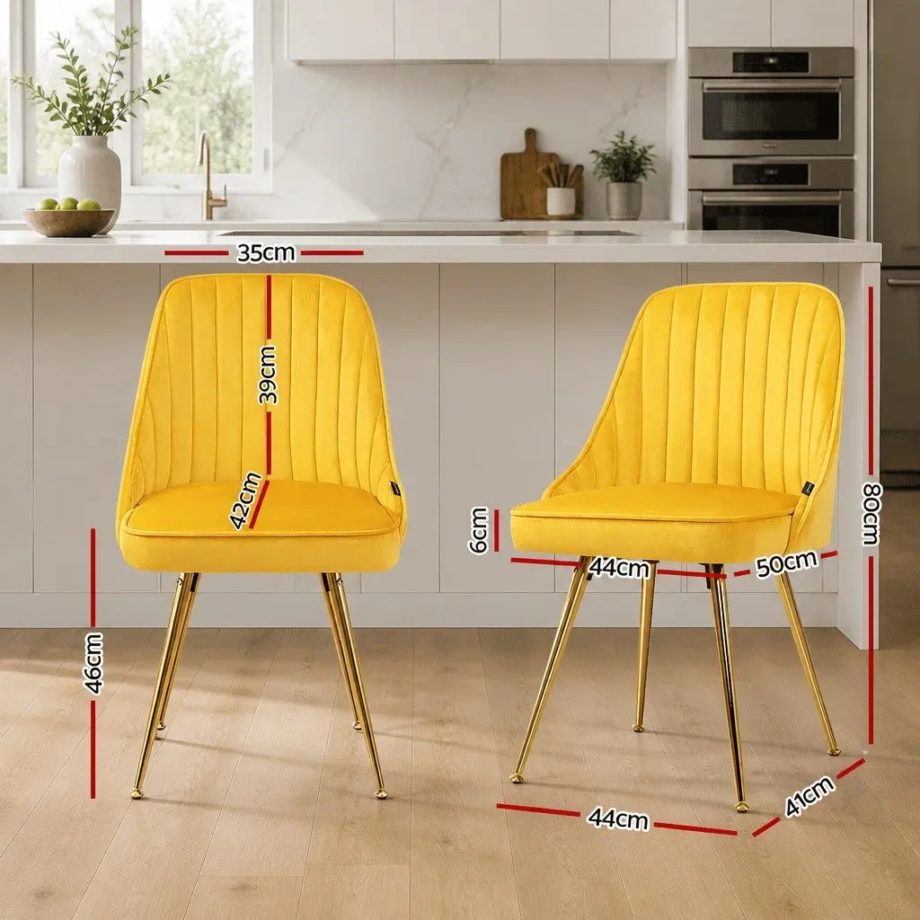 Dining Chairs Velvet Scallop Shell Back Yellow Set of 2 Metal