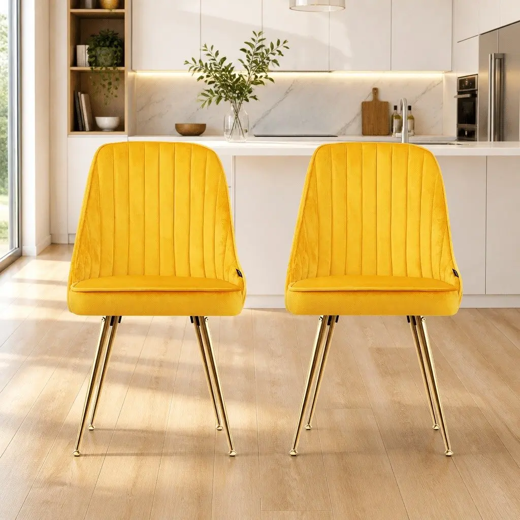 Dining Chairs Velvet Scallop Shell Back Yellow Set of 2 Metal