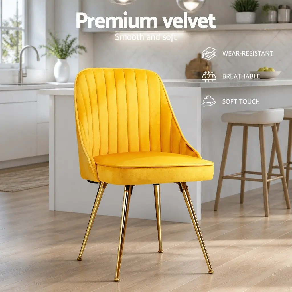 Dining Chairs Velvet Scallop Shell Back Yellow Set of 2 Metal
