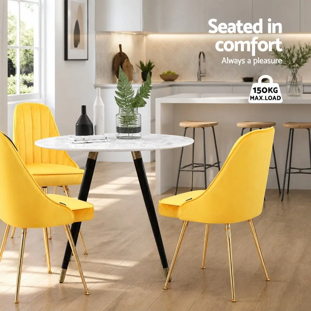 Dining Chairs Velvet Scallop Shell Back Yellow Set of 2 Metal