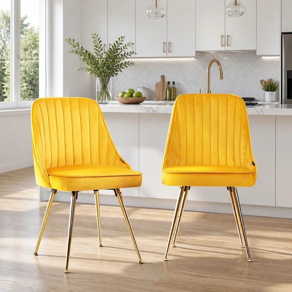 Dining Chairs Velvet Scallop Shell Back Yellow Set of 2 Metal