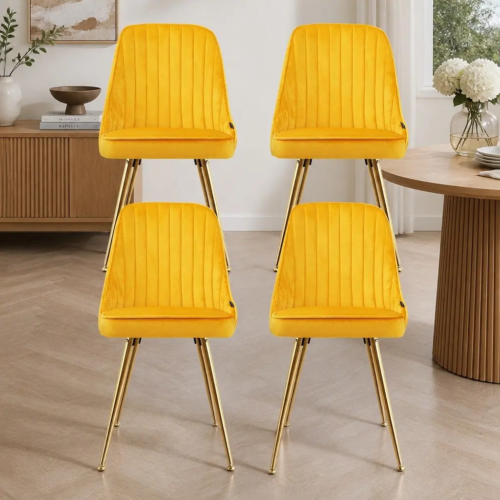 Dining Chairs Set of 4 Velvet Channel Tufted Yellow Scallop Shell Back