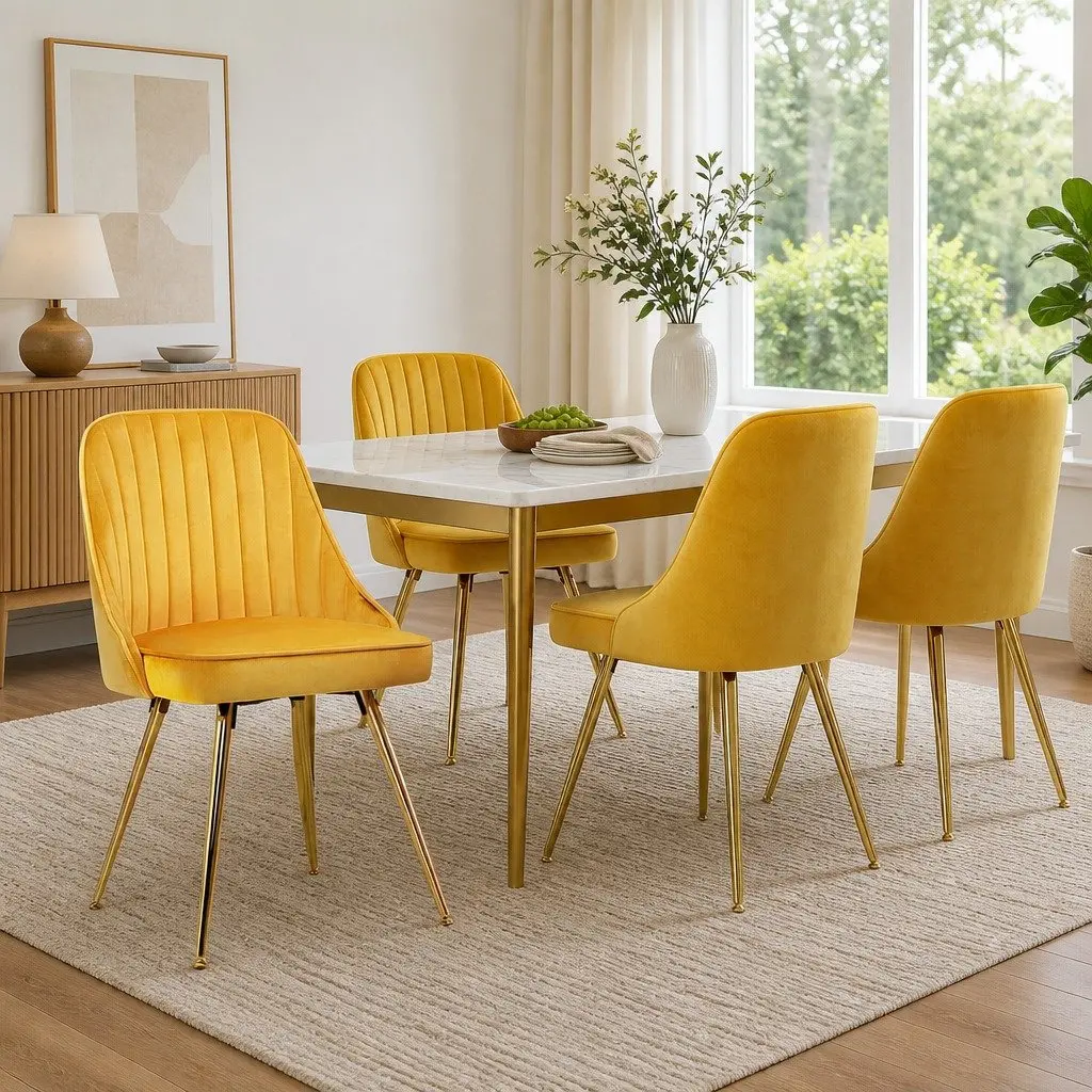 Dining Chairs Set of 4 Velvet Channel Tufted Yellow Scallop Shell Back