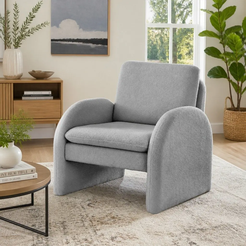 Curved Arm Grey Boucle Accent Chair for Living Spaces
