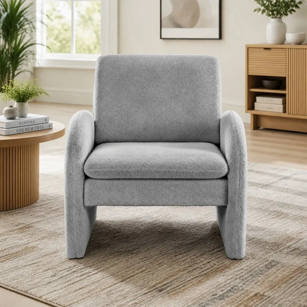 Curved Arm Grey Boucle Accent Chair for Living Spaces