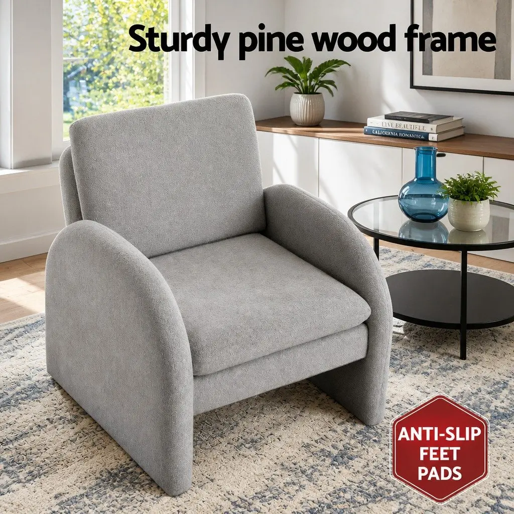 Curved Arm Grey Boucle Accent Chair for Living Spaces