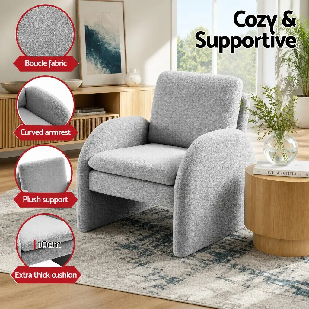 Curved Arm Grey Boucle Accent Chair for Living Spaces