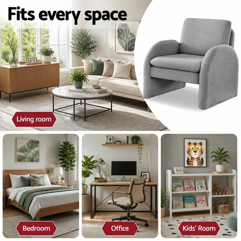Curved Arm Grey Boucle Accent Chair for Living Spaces