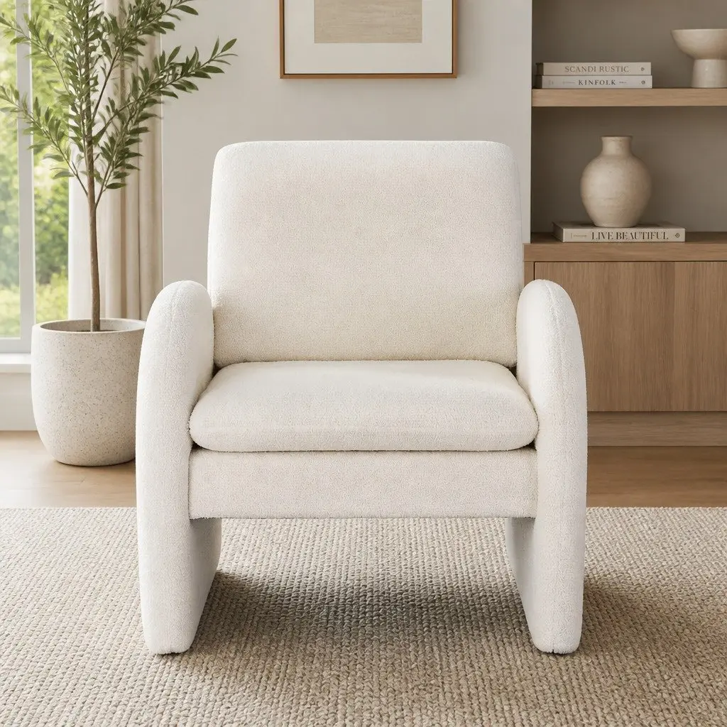 Armchair Accent Chair Lounge Tub Sofa Couch Curved Arm Seat Boucle White