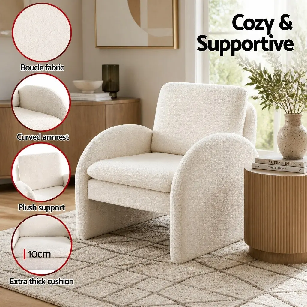 Armchair Accent Chair Lounge Tub Sofa Couch Curved Arm Seat Boucle White