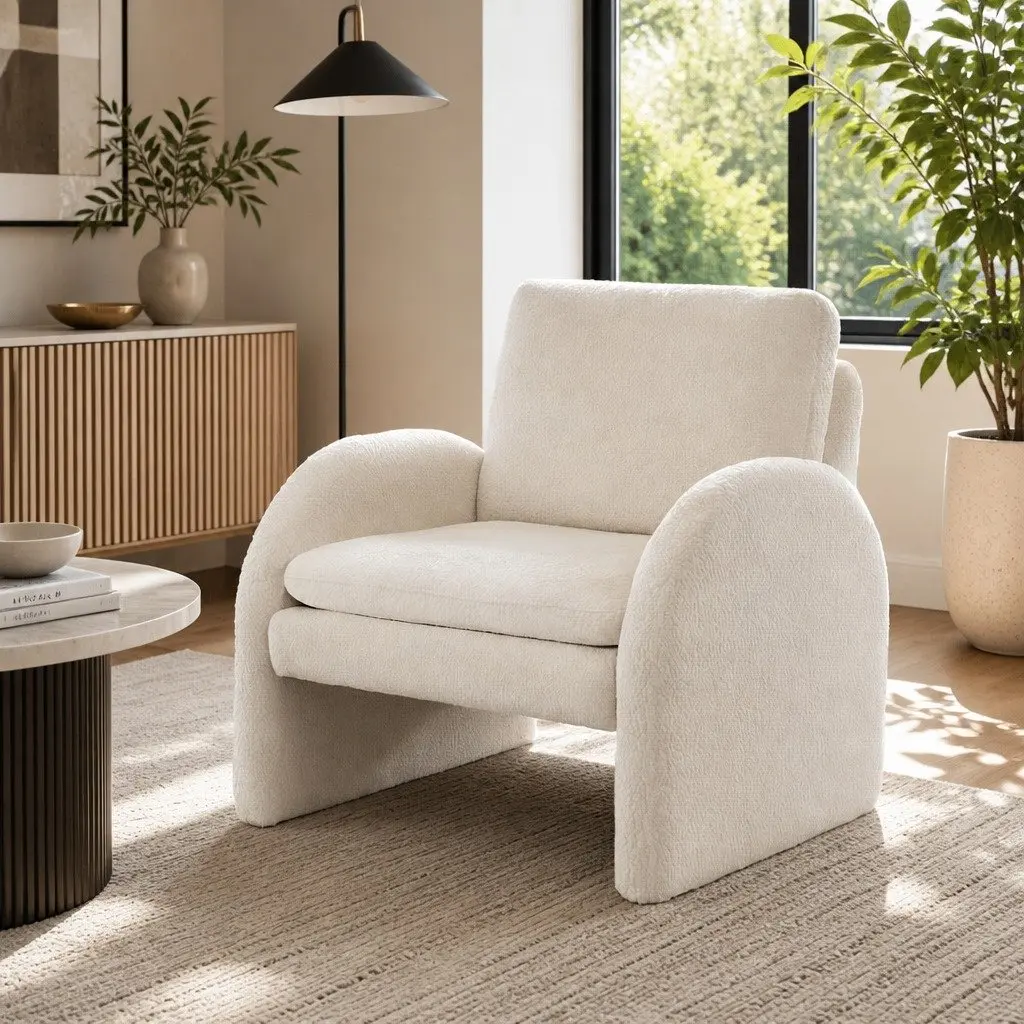 Armchair Accent Chair Lounge Tub Sofa Couch Curved Arm Seat Boucle White