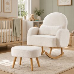 White Boucle Armchair Rocking Chair with Ottoman Set