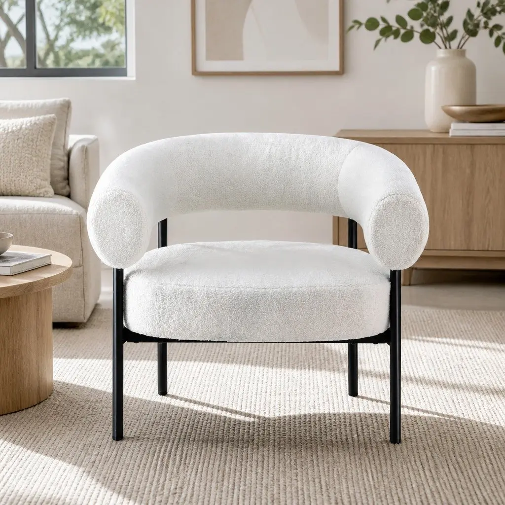 Armchair Accent Chair Curved Boucle White Modern Living Room Seating