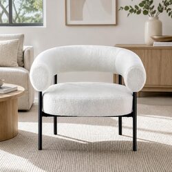Elegant Curved Boucle Accent Armchair in White