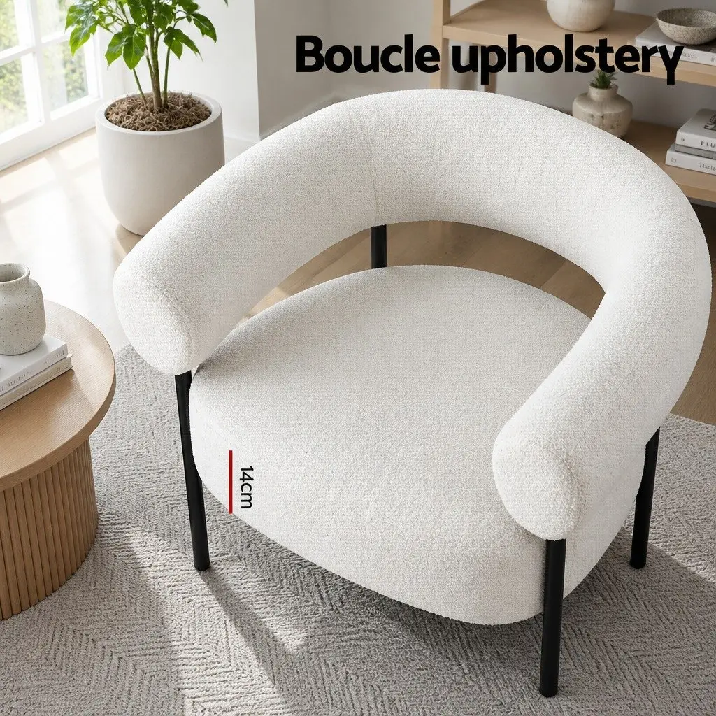 Armchair Accent Chair Curved Boucle White Modern Living Room Seating