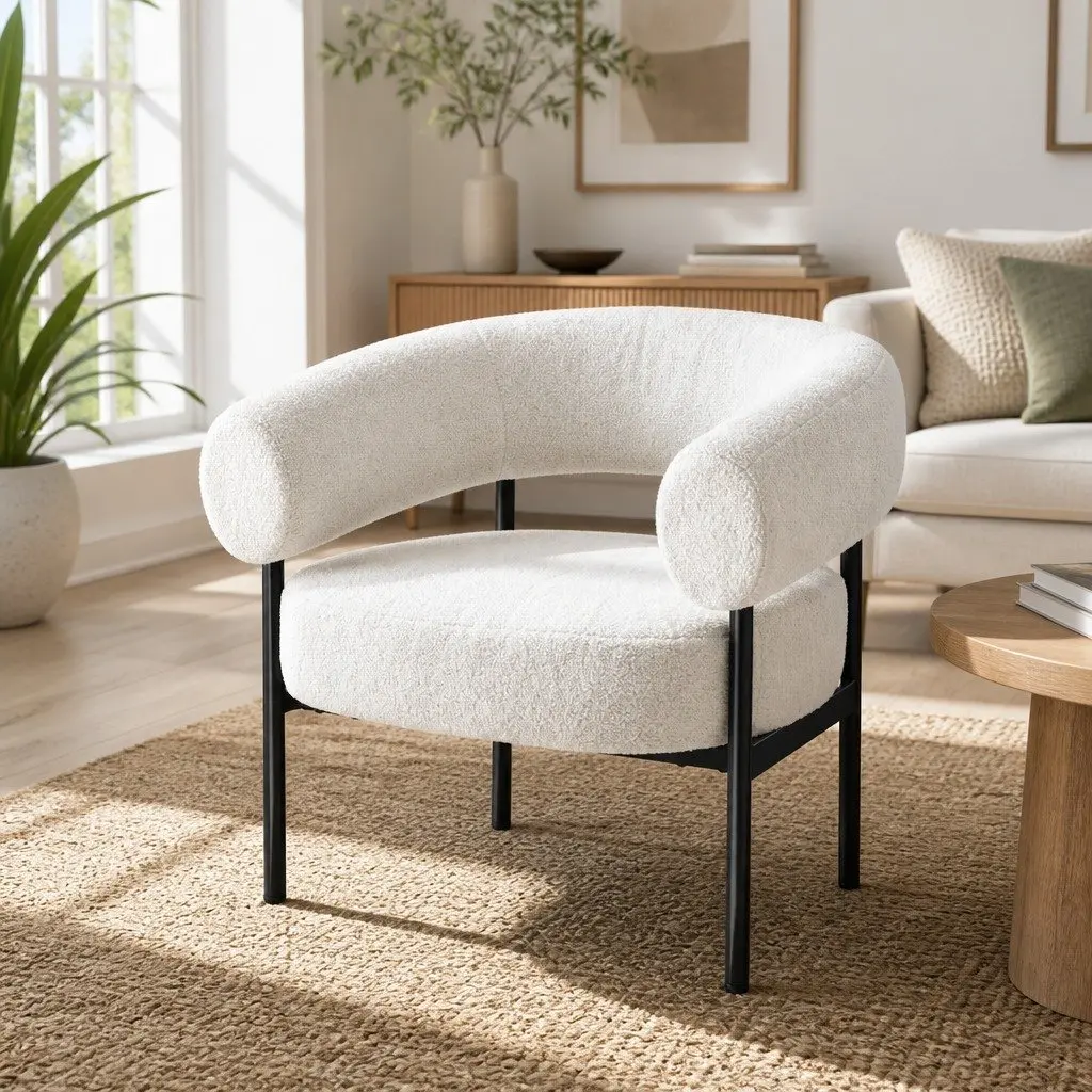Armchair Accent Chair Curved Boucle White Modern Living Room Seating