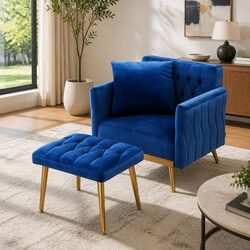 Armchair Ottoman Accent Chair with Pillow Velvet Blue Tufted Adjustable Backrest