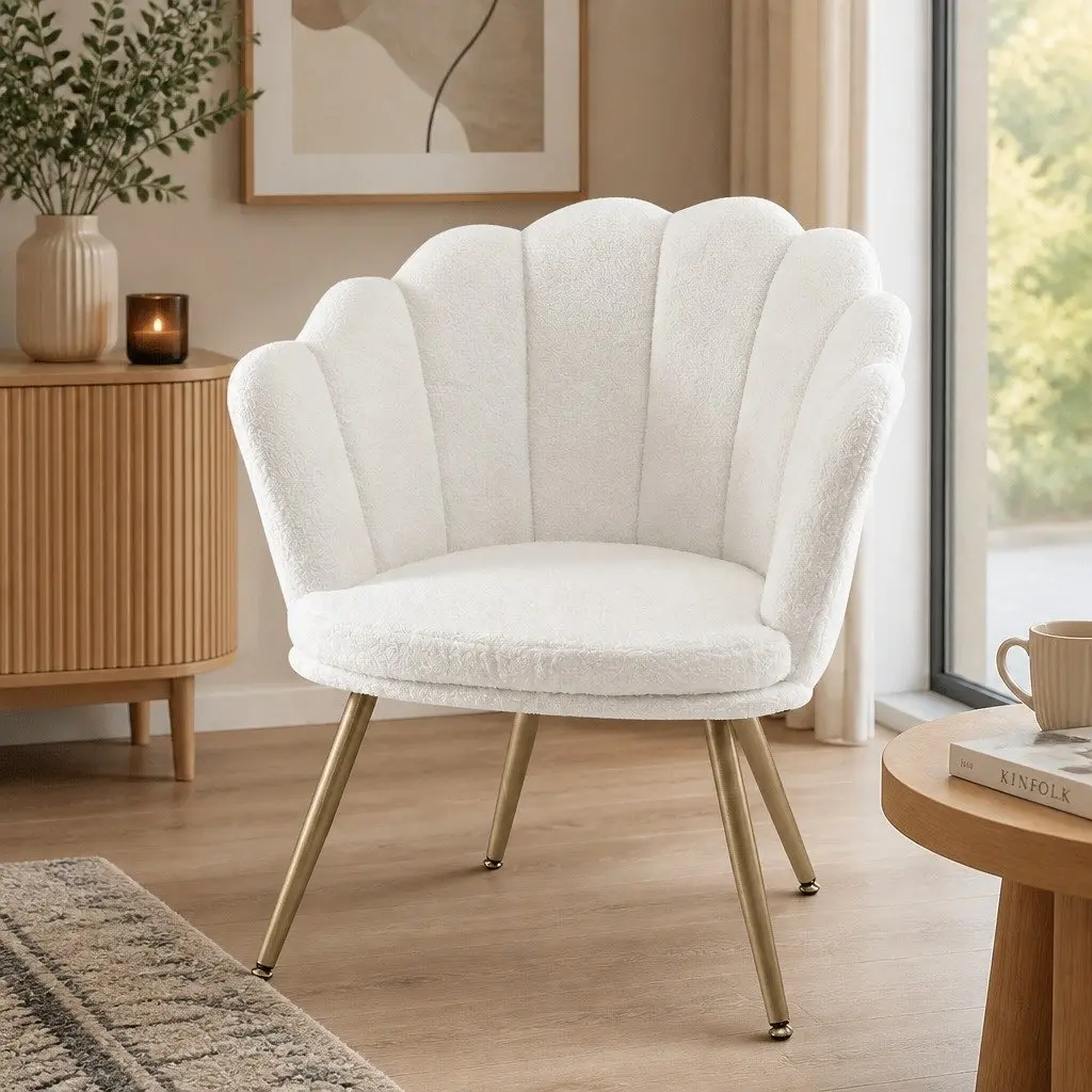 Armchair Teddy Fleece White Shell Back Accent Chair Wooden Frame Metal Legs