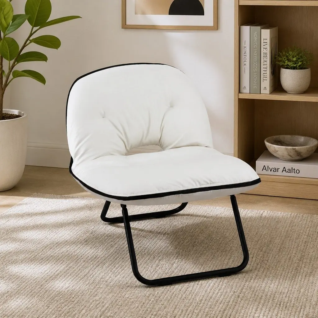 Foldable Armchair 2-in-1 Lounge Chair Compact White Durable Upholstery Metal Frame