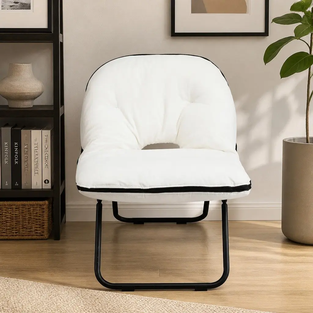 Foldable Armchair 2-in-1 Lounge Chair Compact White Durable Upholstery Metal Frame