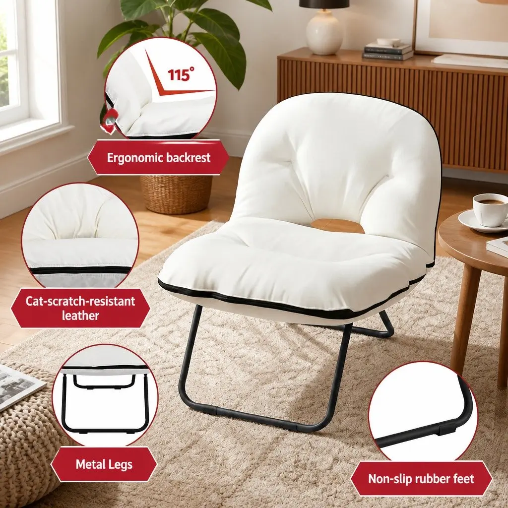 Foldable Armchair 2-in-1 Lounge Chair Compact White Durable Upholstery Metal Frame