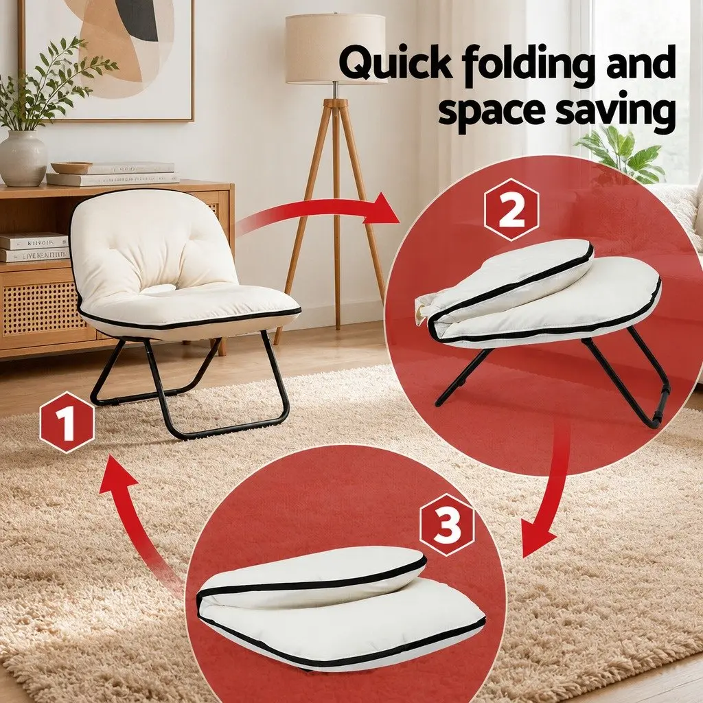 Foldable Armchair 2-in-1 Lounge Chair Compact White Durable Upholstery Metal Frame