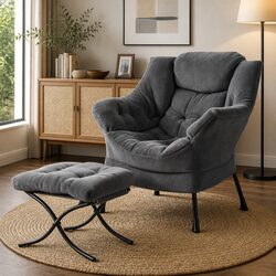 Velvet Grey Armchair Set with Ottoman and Footrest