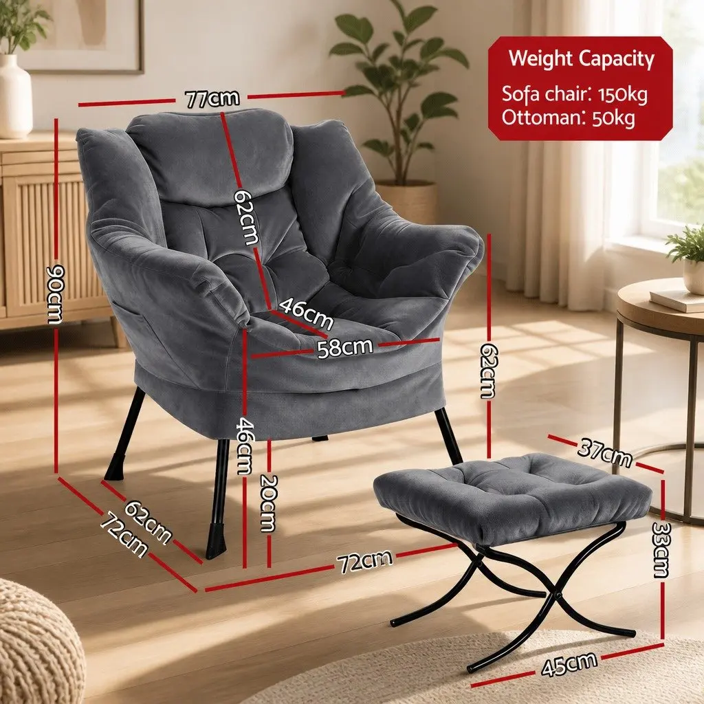 Velvet Grey Armchair Set with Ottoman and Footrest