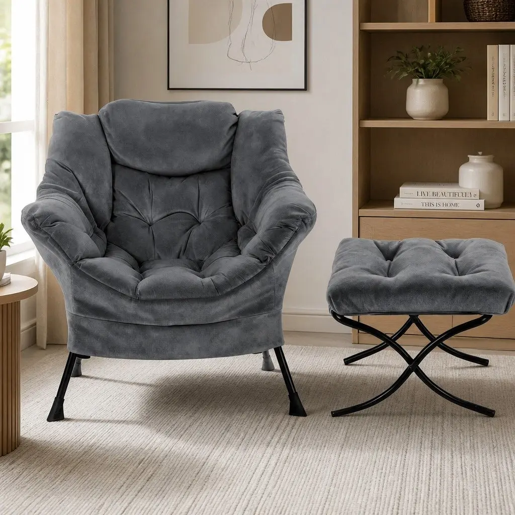 Velvet Grey Armchair Set with Ottoman and Footrest