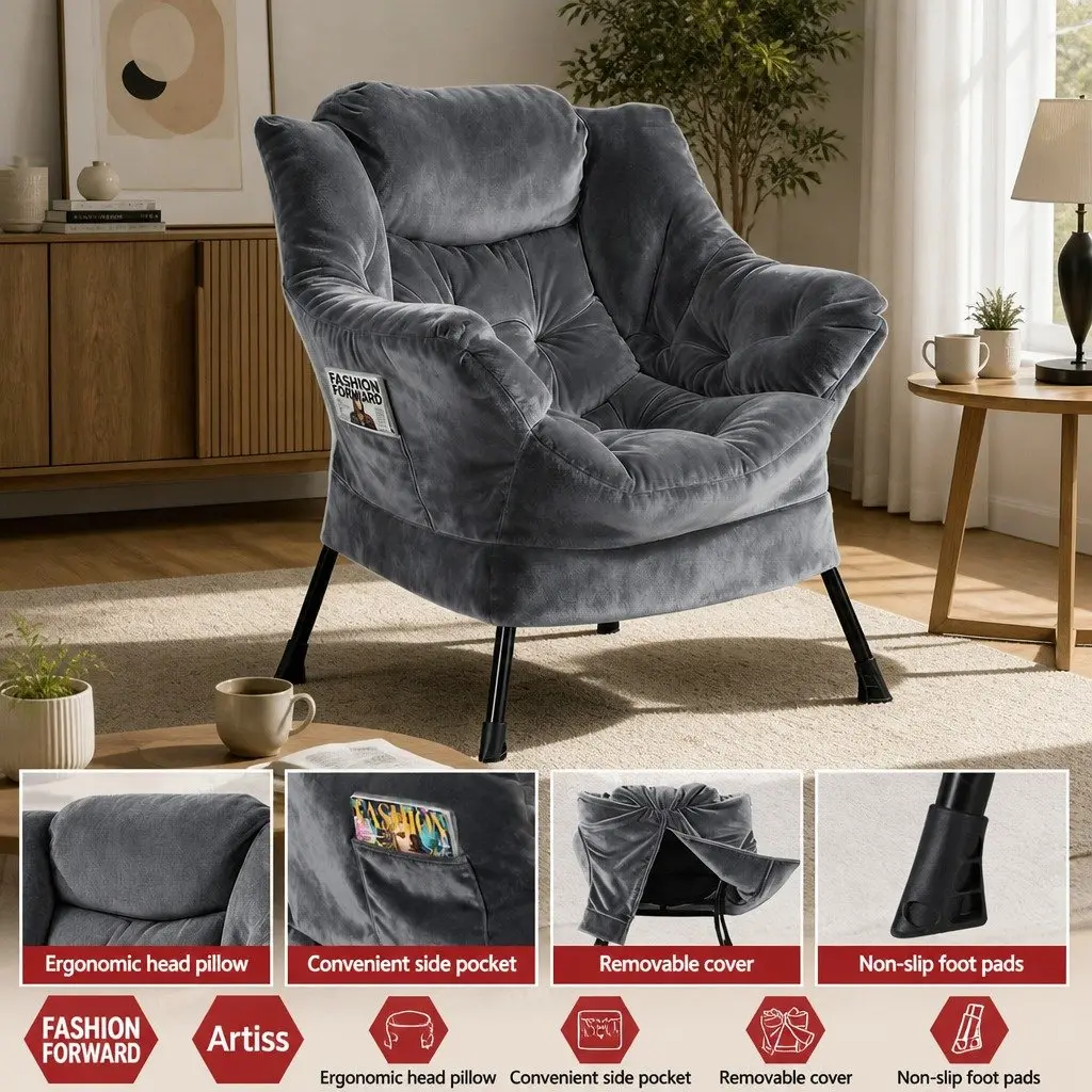 Velvet Grey Armchair Set with Ottoman and Footrest