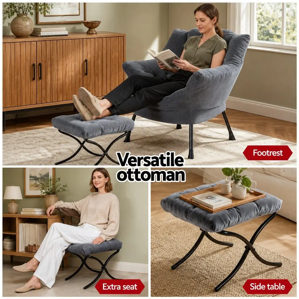 Velvet Grey Armchair Set with Ottoman and Footrest