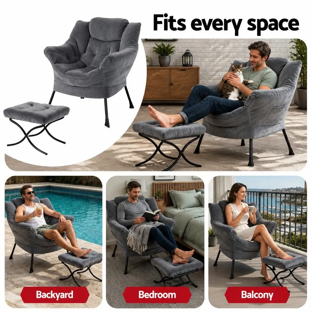 Velvet Grey Armchair Set with Ottoman and Footrest