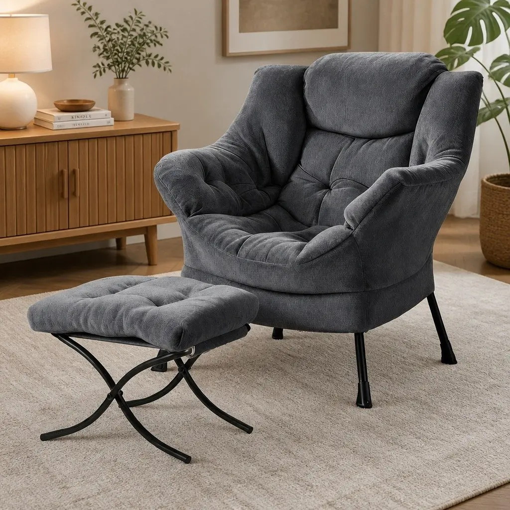 Velvet Grey Armchair Set with Ottoman and Footrest