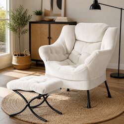 Beige Velvet Armchair with Ottoman Footrest for Comfort