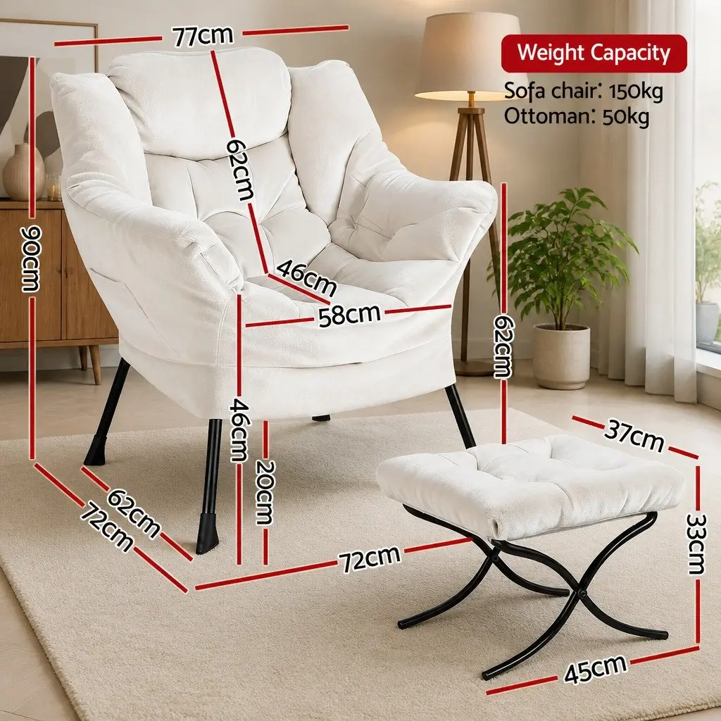 Beige Velvet Armchair with Ottoman Footrest for Comfort