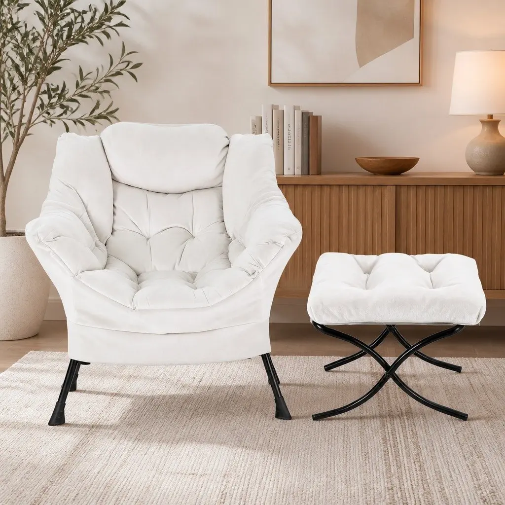 Beige Velvet Armchair with Ottoman Footrest for Comfort