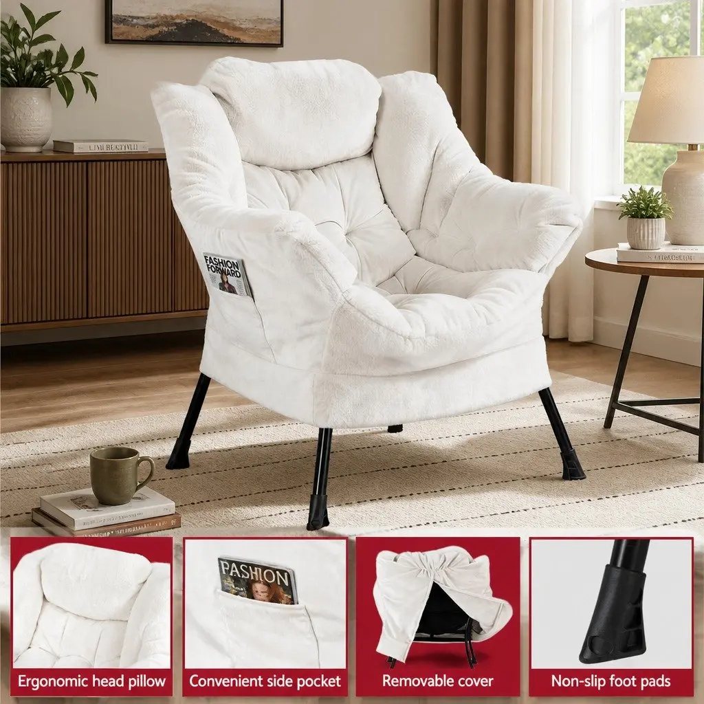 Beige Velvet Armchair with Ottoman Footrest for Comfort