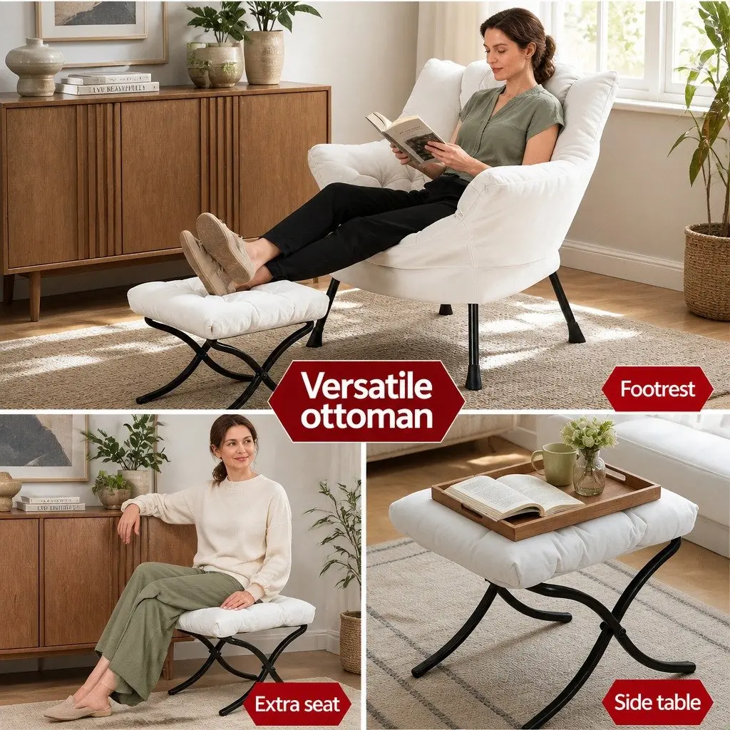 Beige Velvet Armchair with Ottoman Footrest for Comfort