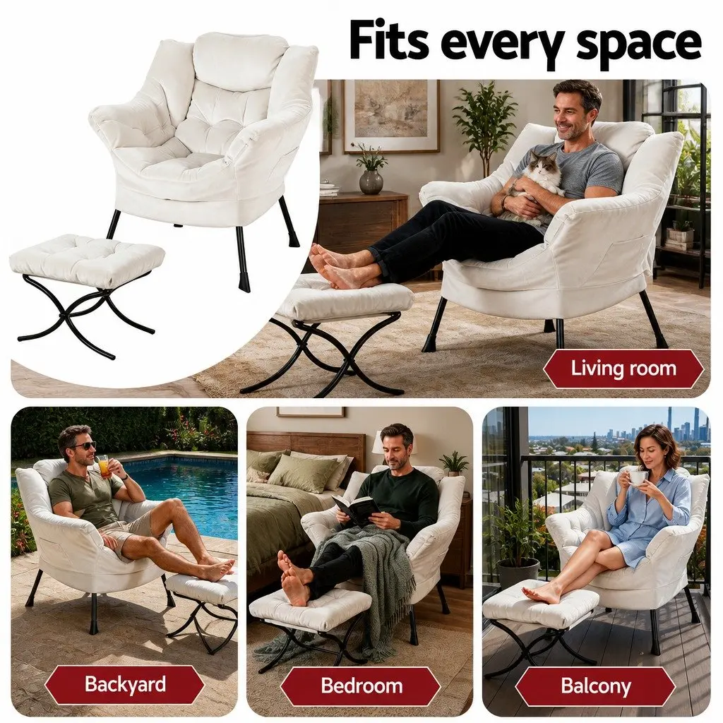 Beige Velvet Armchair with Ottoman Footrest for Comfort