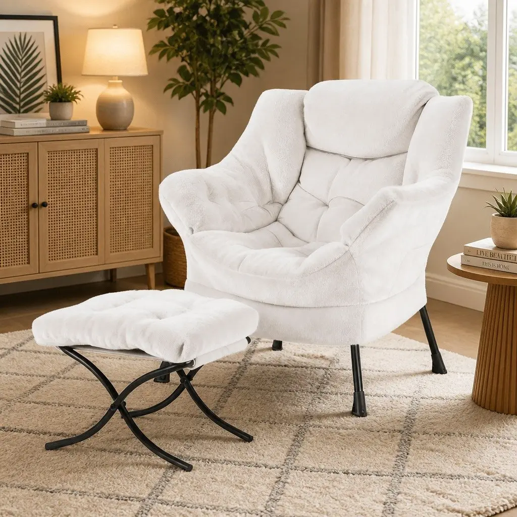 Beige Velvet Armchair with Ottoman Footrest for Comfort