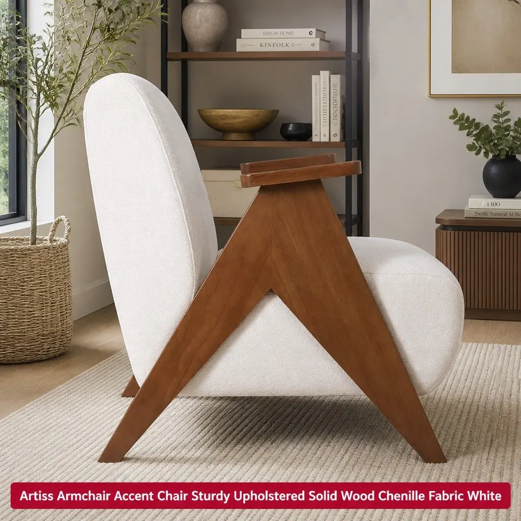 Armchair Accent Chair Upholstered Sturdy Wood Frame Chenille Fabric Living Room