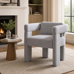 Grey Boucle Fabric Accent Armchair with Wide Armrests