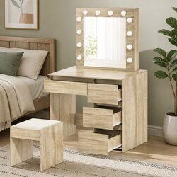 Warm Oak Dressing Table Vanity Set with LED Mirror