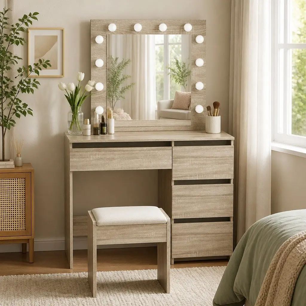 Dressing Table Vanity Set with LED Mirror Stool Makeup Bedroom Furniture Storage