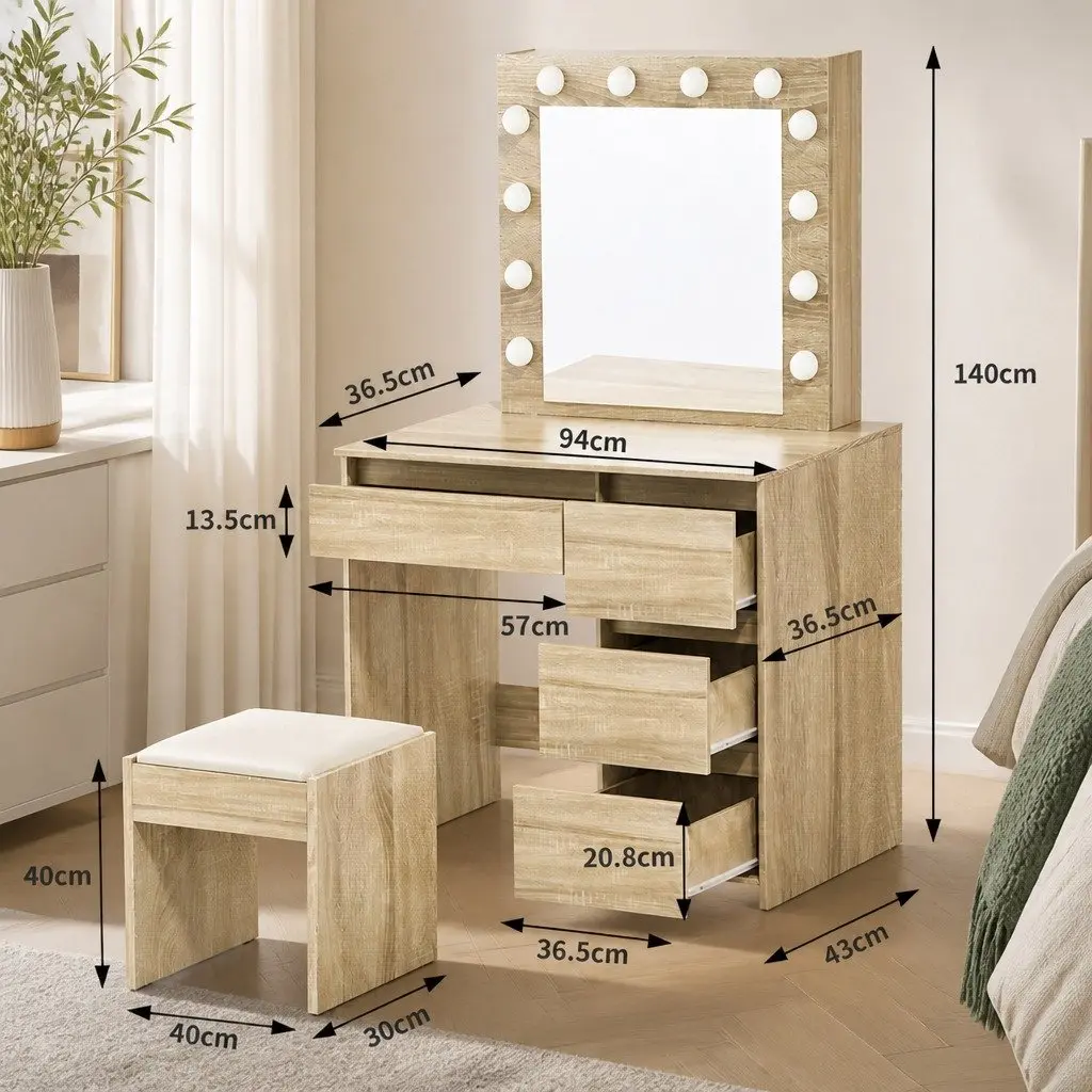 Dressing Table Vanity Set with LED Mirror Stool Makeup Bedroom Furniture Storage