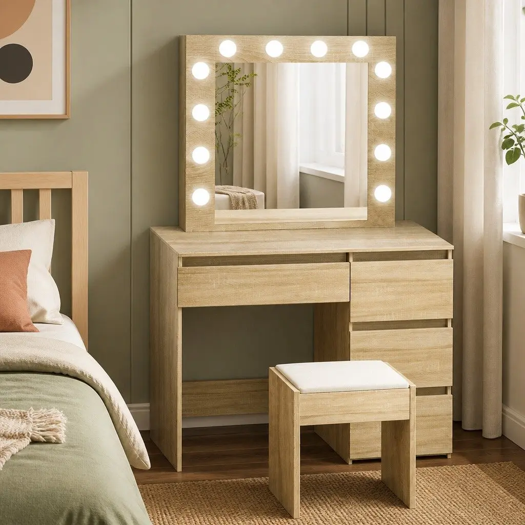 Dressing Table Vanity Set with LED Mirror Stool Makeup Bedroom Furniture Storage