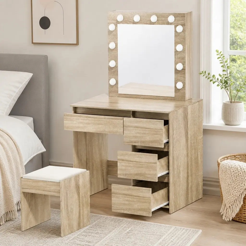 Dressing Table Vanity Set with LED Mirror Stool Makeup Bedroom Furniture Storage