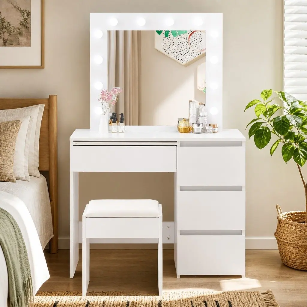Dressing Table Vanity Set White with LED Mirror 94cm MDF and Particleboard