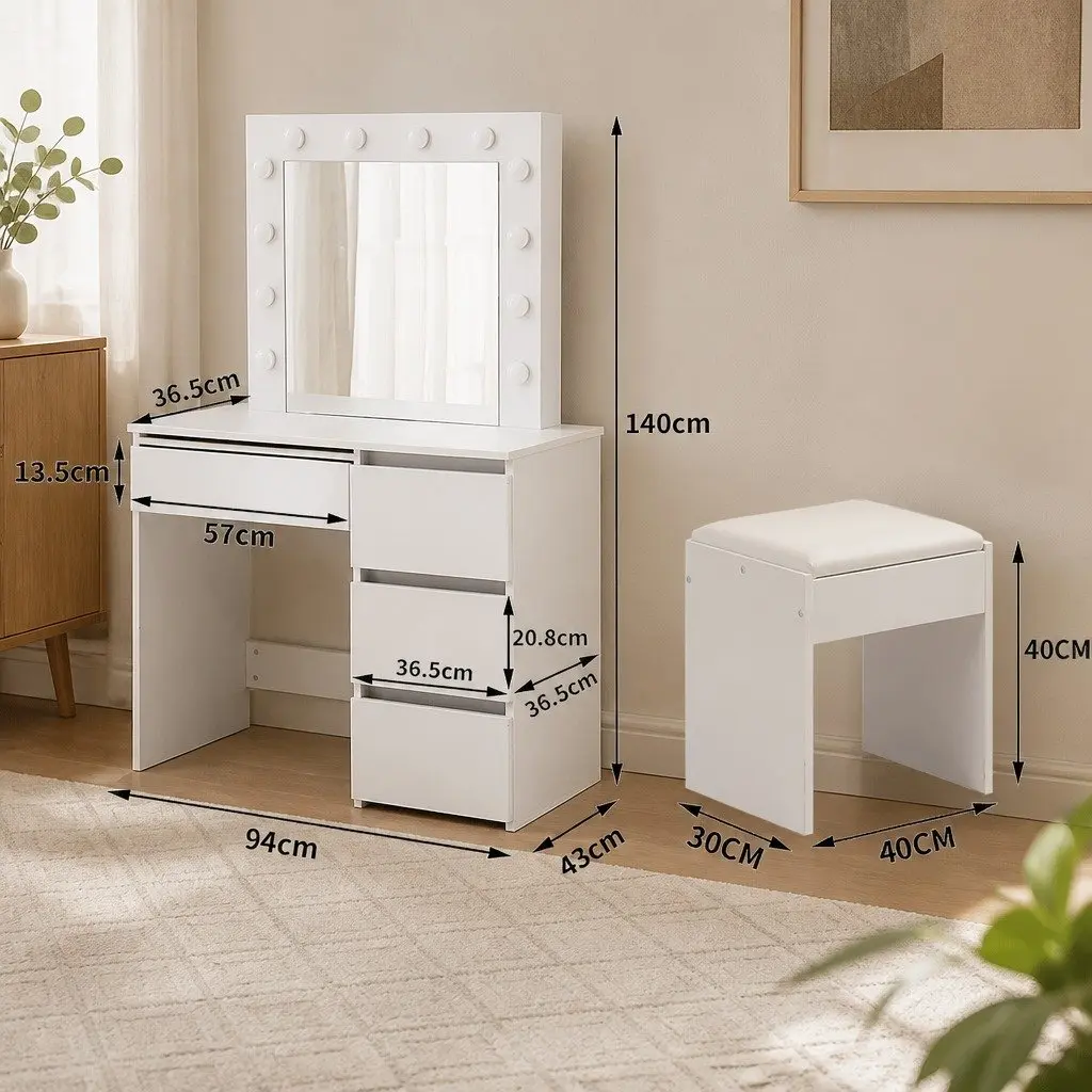 Dressing Table Vanity Set White with LED Mirror 94cm MDF and Particleboard
