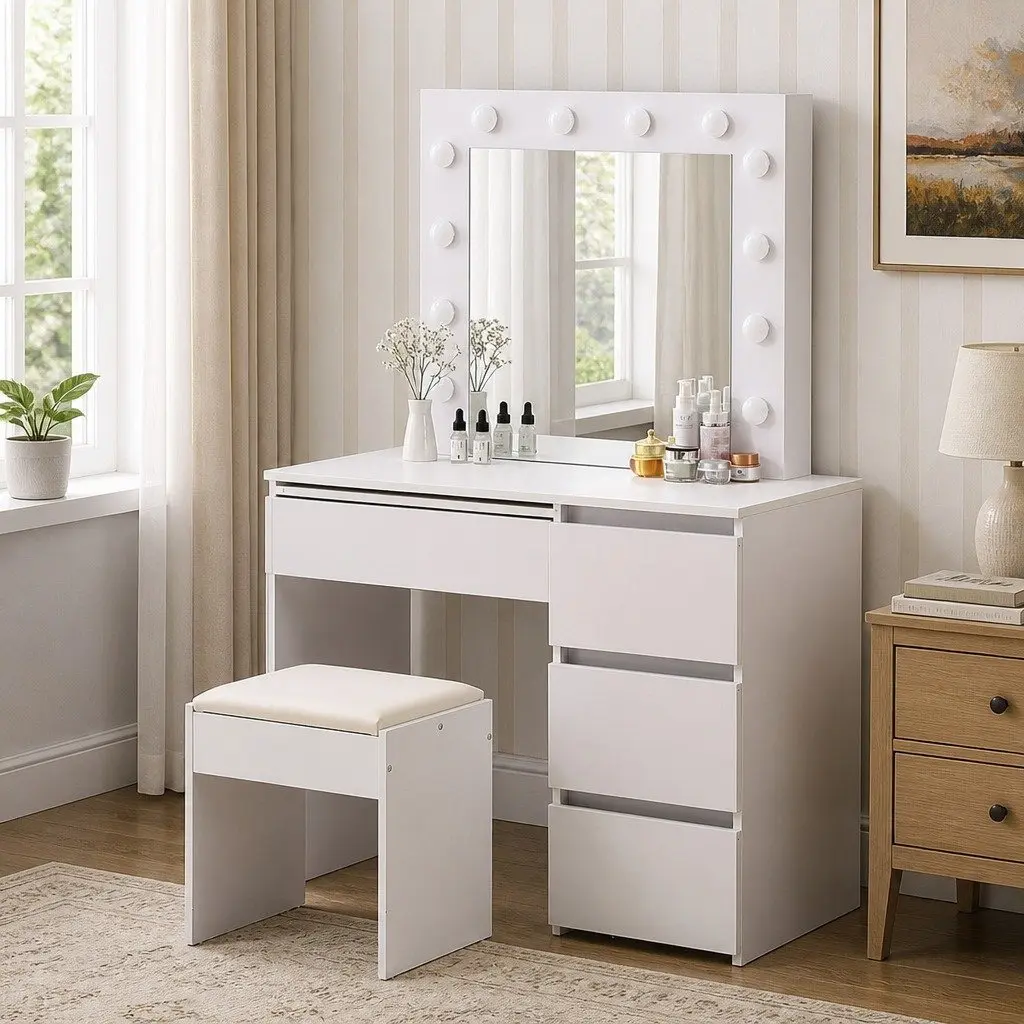 Dressing Table Vanity Set White with LED Mirror 94cm MDF and Particleboard